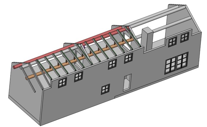 3D-modell av en husrenovering med gamla telefonstolpar som takåsar markerade i rött och orange.