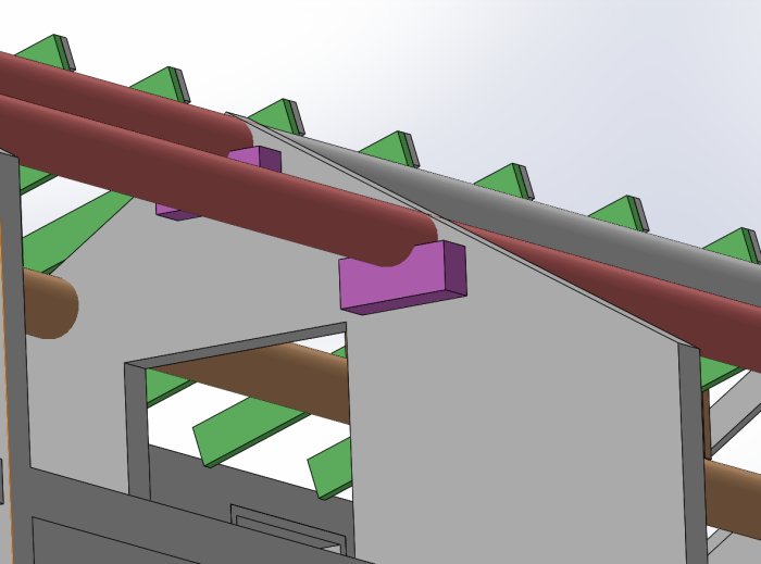 3D-skiss av en byggnad med detaljerade takbalkar i olika färger som representerar olika material.