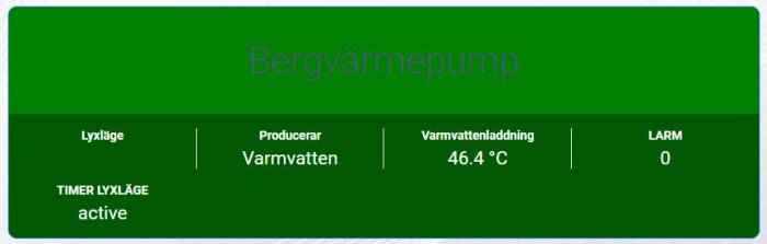 Grönt användargränssnitt för bergvärmepump med lyxläge aktiverat, temperaturvisning och larmindikator.