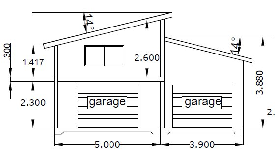 Arkitektonisk ritning av en byggnad med två garage och måttangivelser.