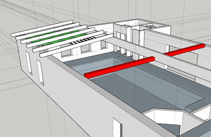 CAD-modell av takkonstruktion med takreglar, sparrar och limträbalk markerade i olika färger.