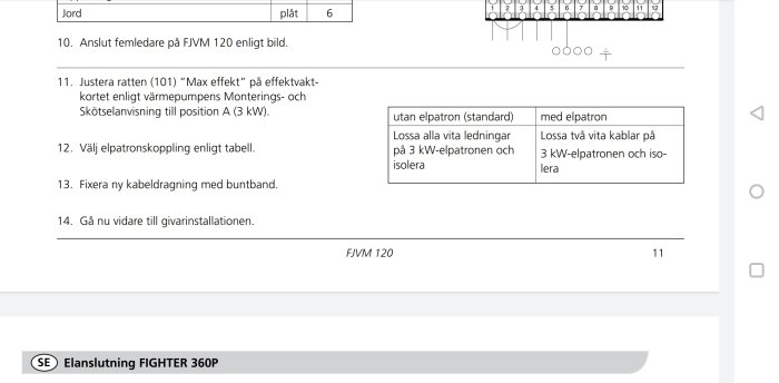 Instruktionsdiagram för inställning av max effekt till 3 kW på värmepump, med och utan elpatron.