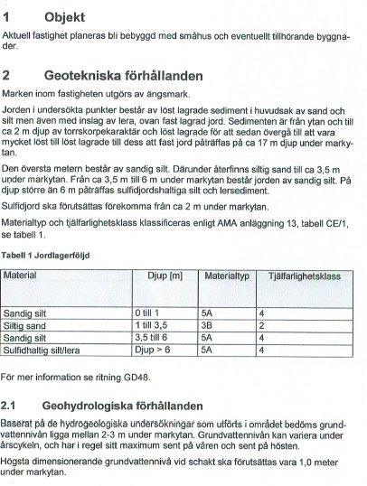 Geoteknisk rapport med tabell över markens lagerföljd och bärighet för planering av byggprojekt.