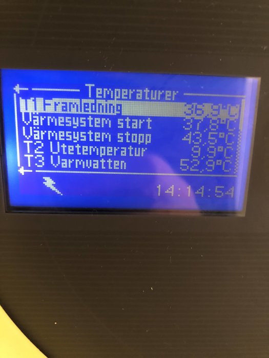 Digital display med temperaturvärden för framledning, värmesystem start och stopp, utetemperatur och varmvatten.