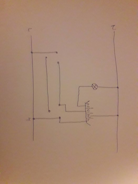 Handritad skiss av elinstallation med brytare och ledningar som förklaras i text.