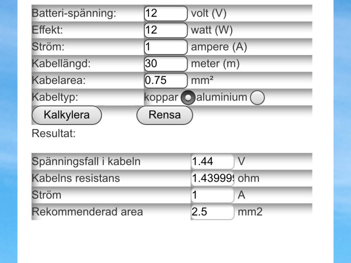 Skärmdump av kabelkalkylator med värden för spänningsfall på 1,44V vid 30m kabel.