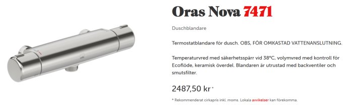 Oras Nova 7471 termostatblandare för dusch, säkerhetsspärr vid 38°C, volymvred och Ecoflöde.