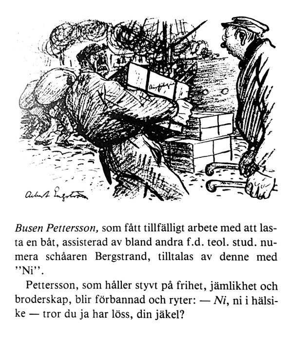 Illustration av två män i diskussion, en lastar ombord paket på en båt medan den andre tittar på.