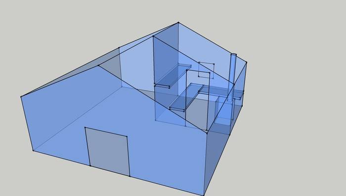 3D-schematisk bild av en bastu inbyggd i en gammal lada med synliga timmerväggar.