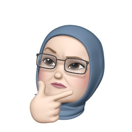 Animerad avatar av kvinna med hijab och glasögon ser fundersam ut.