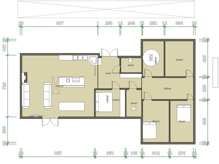 Ritning av ett hus med fyra sovrum, öppet kök/vardagsrum och separerade barn- och föräldraområden.