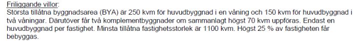 Skärmdump av text om byggregler för friliggande villor med angivna mått för byggnadsarea och komplementbyggnader.