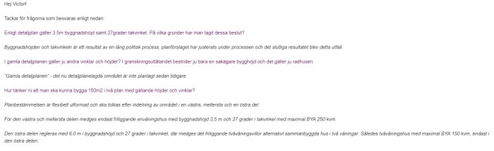 E-postkonversation om detaljplan och byggnadshöjder, där enskilda planbestämmelser för en västlig tomt diskuteras.