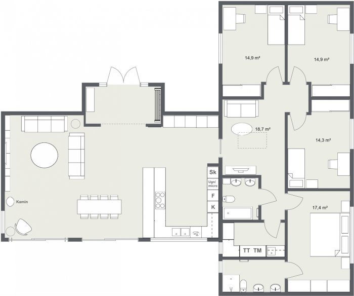 3D-planlösning av ett hus med vardagsrum, kök, sovrum och utan små fönster i bad, tvätt.