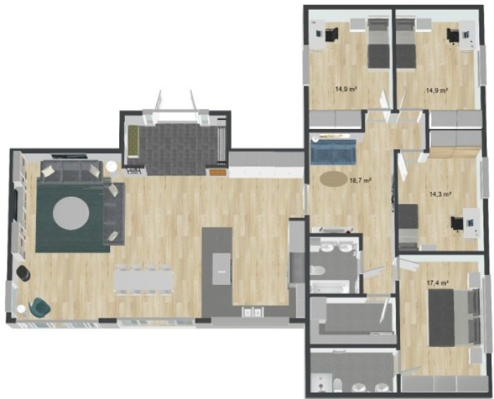 3D-ritning av ett hus med mått, innehåller kök, vardagsrum, badrum och sovrum, som saknar små fönster.