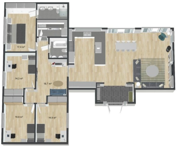 3D-planlösning av ett hus med angivna mått för varje rum och inredningsdetaljer som möbler och vitvaror.