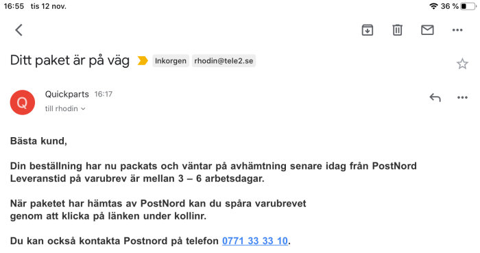 Skärmdump av e-postmeddelande som bekräftar att en beställning är packad och klar för avhämtning av PostNord.