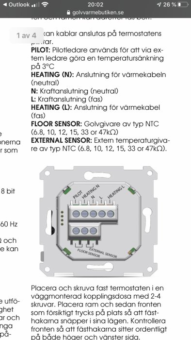 Installationsanvisning för termostat med märkta plintar för PILOT, HEATING och SENSORER på en instruktionsbild.