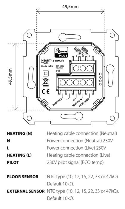 Schematisk illustration av HEATIT Z-TRM2fx termostatens anslutningspunkter för installation av golvvärmesystem.