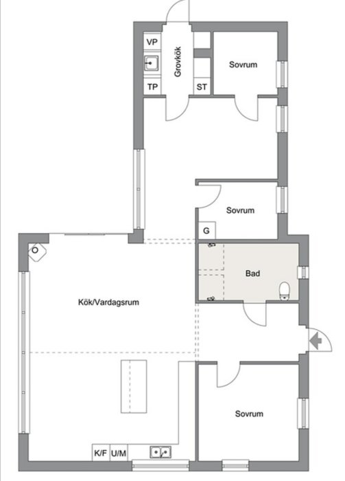 Planlösning av ett hus med två sovrum, badrum, kök/vardagsrum och möjlig expansionsyta för ett extra sovrum.