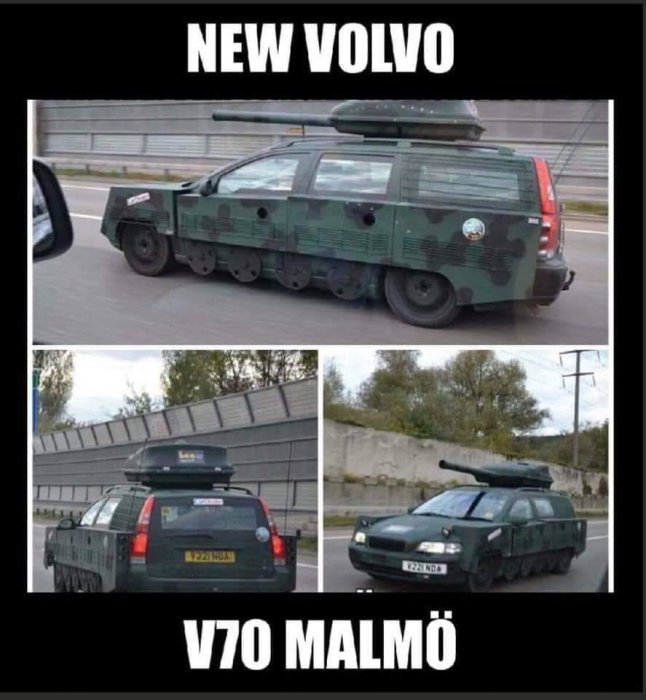 Modifierad Volvo V70 med kamouflagefärg och pansarliknande karosseri på väg i Malmö.