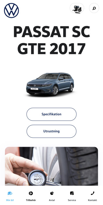 Skärmdump av "Min Volkswagen" appen med information om en Passat GTE 2017, inklusive bilens bild och verktygsmenyer.