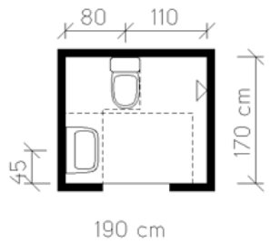 Ritning av badrum med dimensioner som visar plats för toalett, handfat och duschområde uppfyller minimimått 170x190 cm.