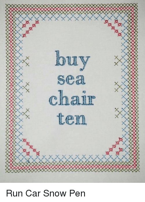 Broderi med engelska orden "buy sea chair ten" och en dekorativ röd och blå ram runt texten.