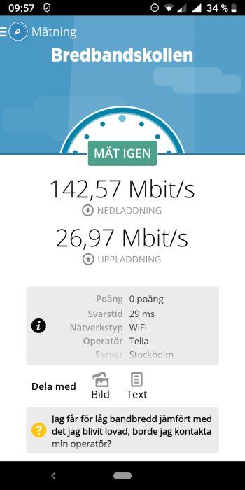 Skärmbild av bredbandsmätning med 142,57 Mbit/s nerladdning, 26,97 Mbit/s uppladdning och svarstid 29 ms.