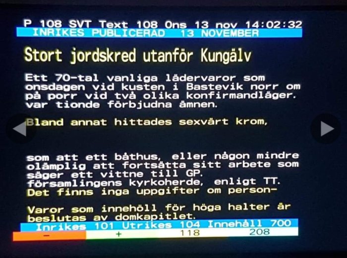 Text-TV-sida med nyhetsrubrik om ett stort jordskred utanför Kungälv.