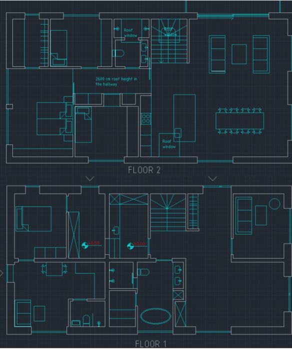 Arkitektritning i blåton av ett tvåvåningshus med markeringar för takhöjd och fönsterstorlekar.