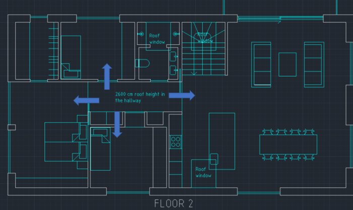 Blåritning av andra våningen i ett hus med markeringar för takhöjd och placering av FTX-aggregat.