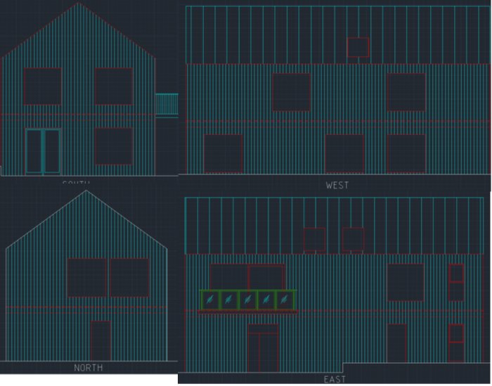 Digitala ritningar av en tvåvåningshusets fasader från norr, söder, öst och väst.