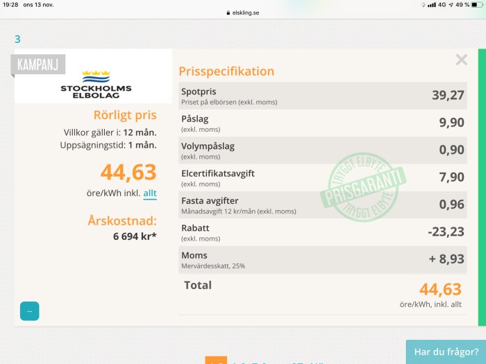 Screendump av elavtal med priser och kampanj från Stockholms elbolag, priset 44,63 öre/kWh inkl. allt.