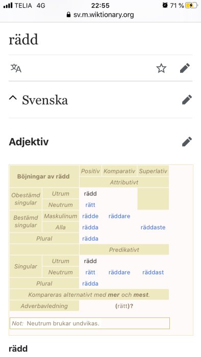Skärmdump från Wiktionary som visar böjningar av det svenska adjektivet "rädd".