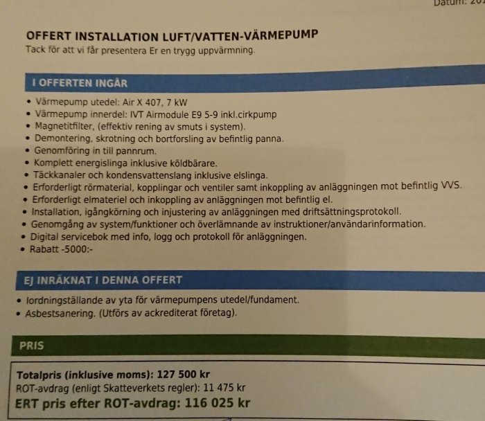 Offert för installation av luft/vatten-värmepump med specifikationer och totalpris efter ROT-avdrag.