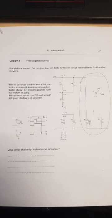 Schematisk illustration av en elektrisk krets med instruktioner för uppgift 6 om frånskridningsfördelning.