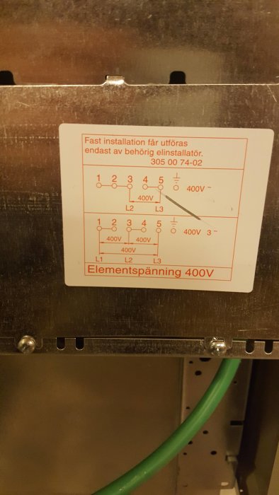 Elkopplingsschema på en etikett visande 400V-anslutningar för spisar.