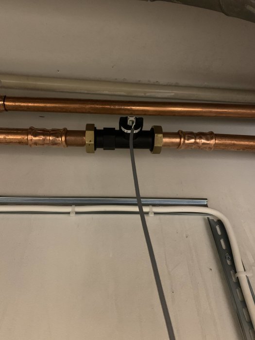En värmemängdsmätare EMK500 installerad på en kopparrörsladdkrets mot en vit vägg.