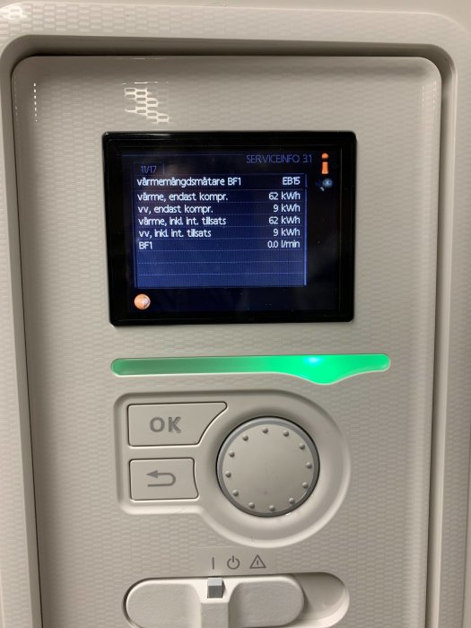 Värmepumpens display visar värmemängdsmätarens data med energiförbrukning och flöde.