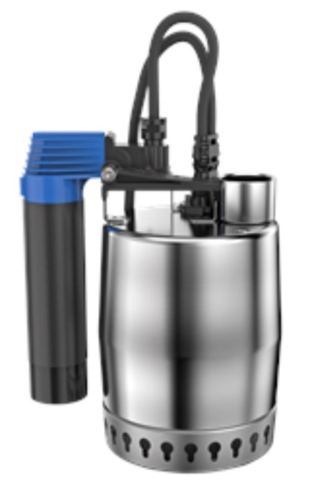 Grundfos KP 250 av dykpump med flottör och anslutna sladdar mot vit bakgrund.