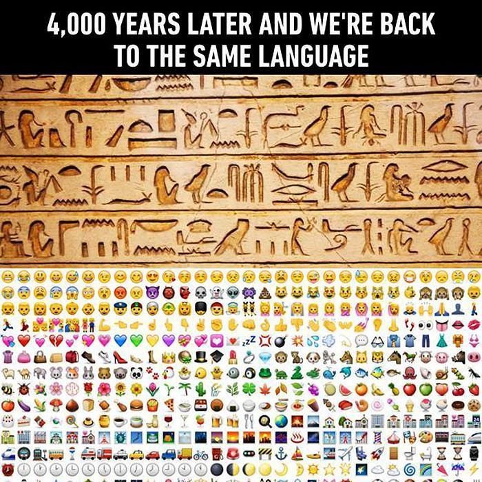 Egyptiska hieroglyfer ovanpå en rad med emojis, konceptet att språk återvänder till bildbaserat.