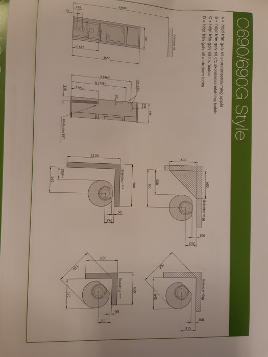Teknisk ritning av en kamin med måttangivelser för installation.