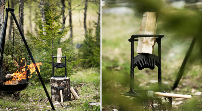 Kindling Cracker vedklyv används utomhus nära en eld, till höger närbild av verktyget med en träklabb.