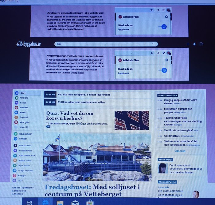 Skärmdump visar en webbläsare med Adblock Plus aktiverat på ett bygg- och renoveringsforum.