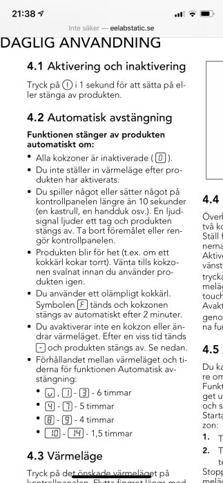 Skärmdump av bruksanvisning för daglig användning och säkerhetsfunktioner hos en induktionshäll.