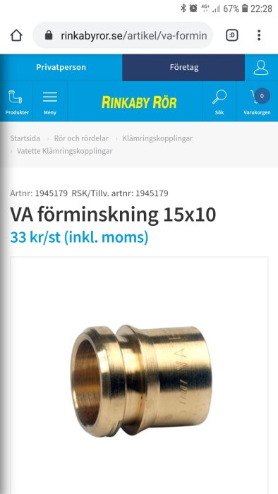 Mässingsfärgad klämkopplingsmutter för 15x10 förminskning på webbsida.
