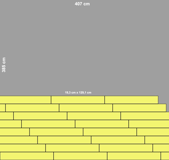 Skiss av sovrum med måtten 385x407 cm och planerat mönster för laminatgolvplankor.