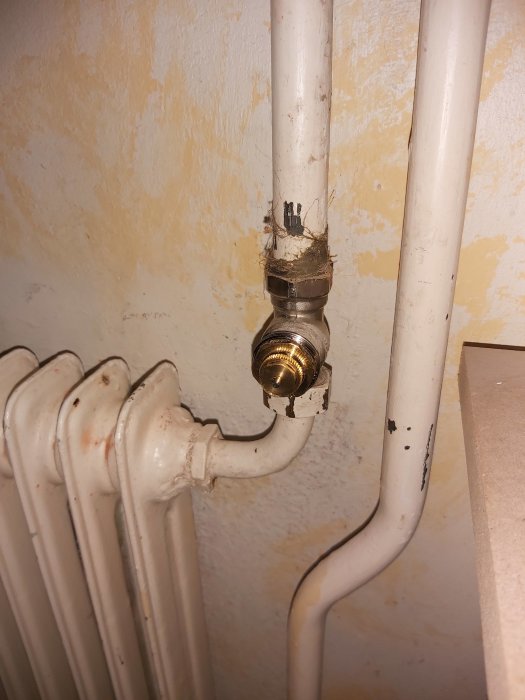 Vitmålad radiator med termostatventil, omgiven av rör och flagnande väggfärg.