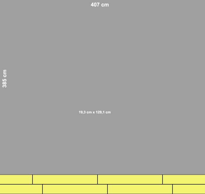 Schematisk illustration av vägg med golvlist, dimensioner markerade 407 cm, 38,5 cm och 19,3 cm x 129,1 cm.